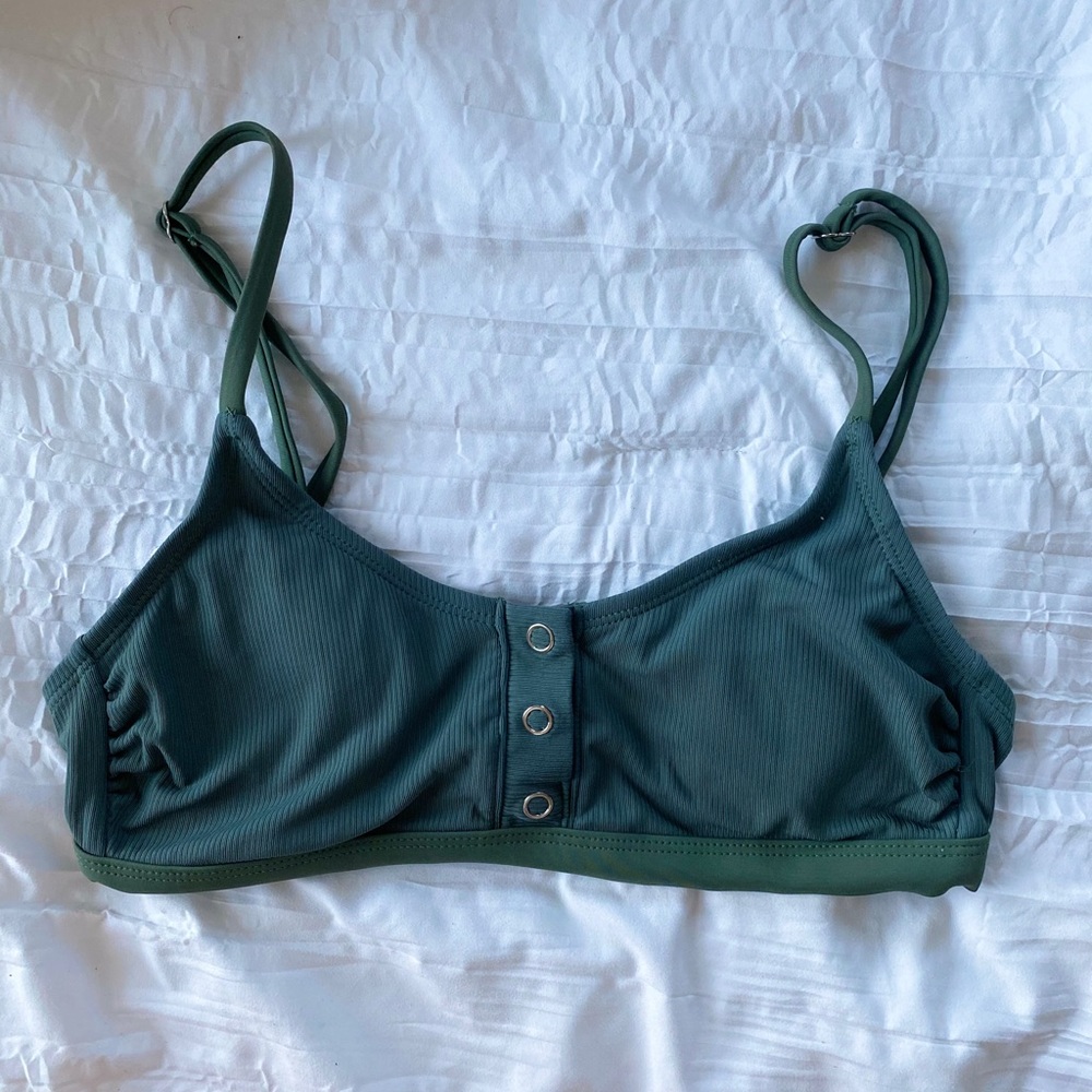 Green button down scoop neck top